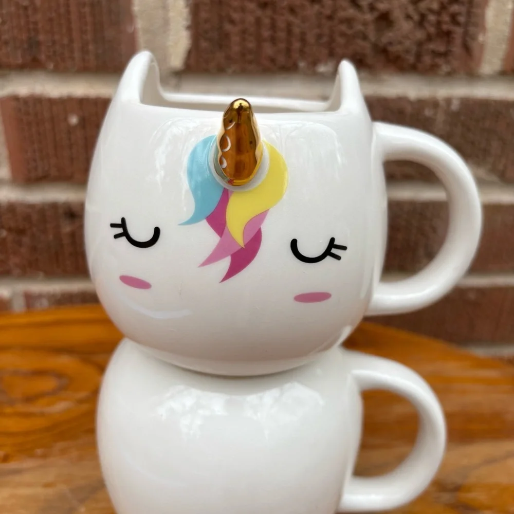 Orly Maison Unicorn Playful Mugs Cup Ceramic Porcelain White Gold Horn Set of 2